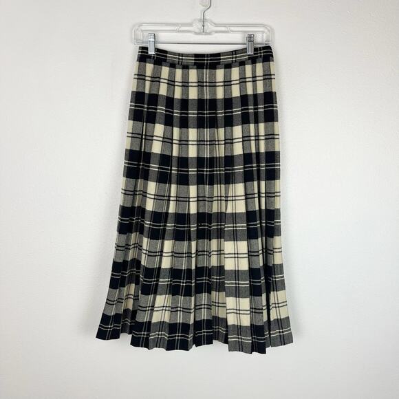 Hudsons Bay Co Wool Skirt Tartan Plaid Pleated Made In England Cream Black 28x30 - Picture 2 of 10